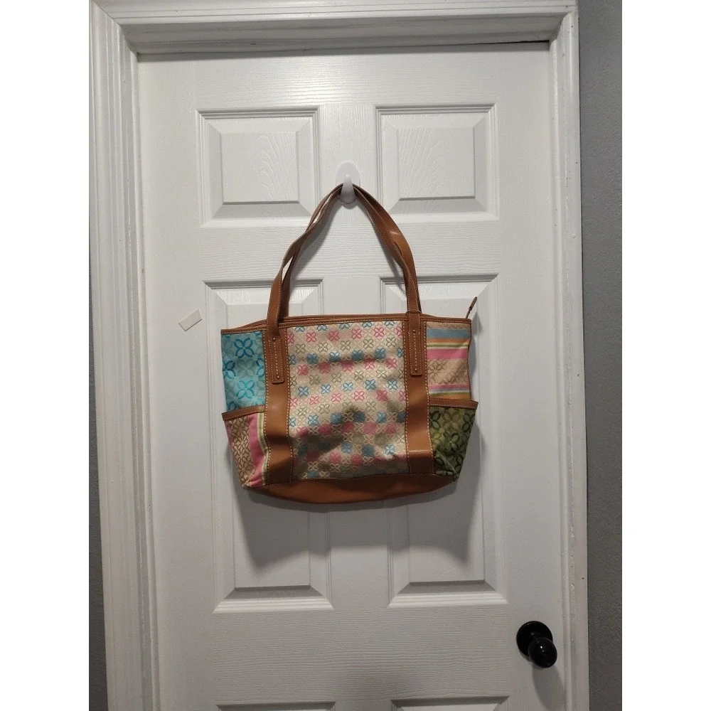 Relic by Fossil Canvas Multicolor Filagree Patchwork Tote Bag, Faux Leather Trim